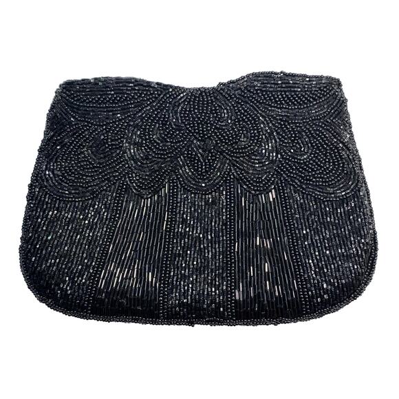 80s does 40s Black Beaded Silk Evening Bag | Small Clutch with Glass Beads - Picture 3 of 11
